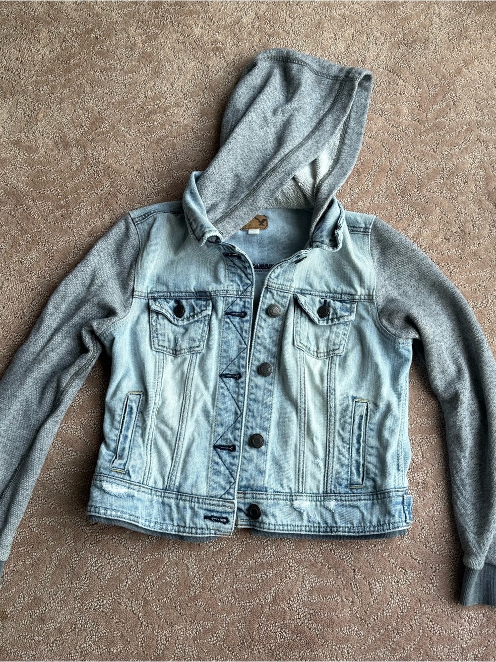 American EagleWomen’s Hybrid Light Wash Denim Jacket with Gray Hoodie